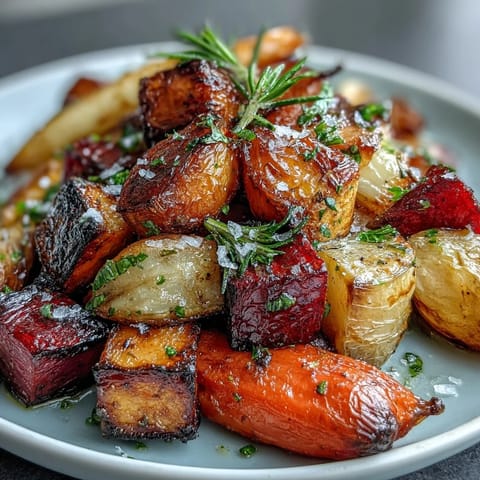 A close-up of Roasted Root Vegetable Medley with caramelized carrots and golden parsnips on a rustic wooden board.  