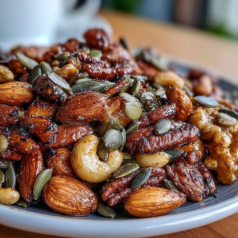 A vibrant bowl of Spiced Nuts and Seeds Mix, toasted with turmeric and cinnamon.