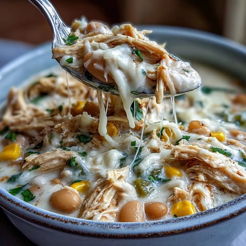 A cozy bowl of White Chicken Chili next to cornbread, melted cheese, and green onions, perfect for a hearty weeknight meal.