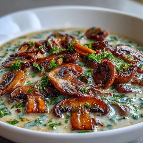 A cozy bowl of Creamy Mushroom Stroganoff Soup with golden sautéed mushrooms and a rich, velvety broth for a comforting meal.