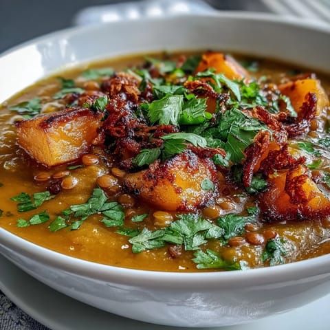 Golden roasted butternut squash and lentil soup steaming in a rustic bowl, garnished with fresh cilantro.