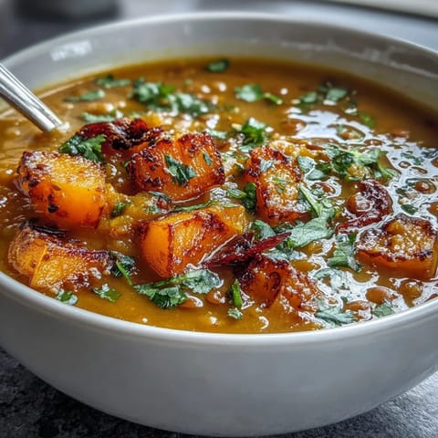 A close-up of creamy butternut squash and lentil soup in a white bowl with a lemon wedge.