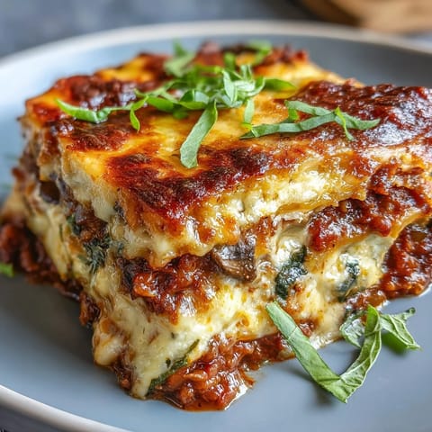Golden, bubbling One-Pan Smoky Veggie Lentil Lasagne fresh from the oven, topped with fresh basil leaves and ready to slice.