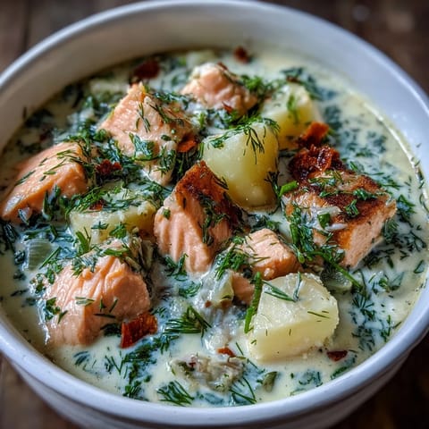 A comforting Nordic fish soup featuring flaky salmon, sliced carrots, and leeks, simmered in a rich, creamy broth.