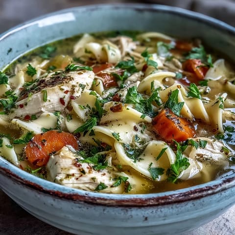 A rustic wooden table holds a mug of Chicken Noodle Soup with fresh parsley garnish.