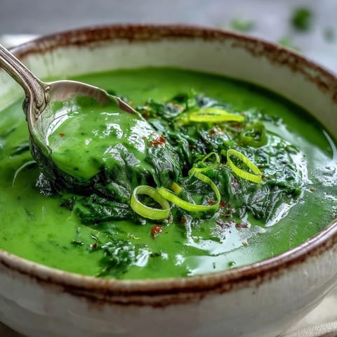 Aromatic Spinach Coriander Lemongrass Soup being pureed in a pot for a silky texture.