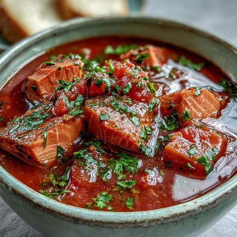 Tuna and Tomato Soup simmering in a pot with diced carrots, onions, and aromatic herbs.