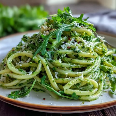 A bowl of Linguine with Arugula Pesto topped with Parmesan, olive oil drizzle, and cracked black pepper.