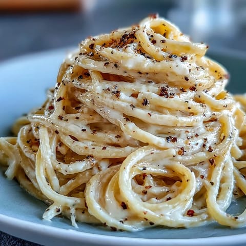 Homemade Cacio e Pepe served in a white bowl with a glass of white wine nearby.