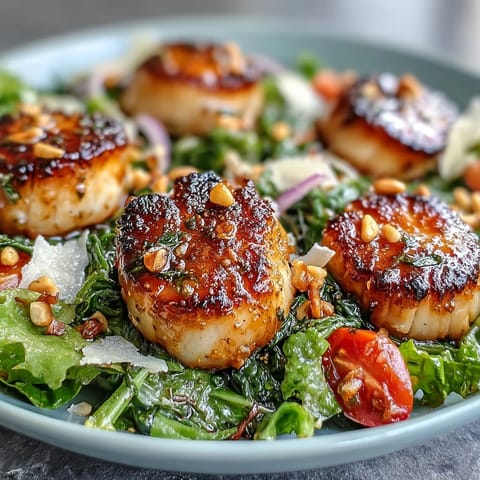 Elegant scallops with escarole salad, Parmesan, and pine nuts, drizzled with lemony pesto vinaigrette.