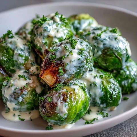 Golden Brussels sprouts coated in a silky cream cheese-mustard sauce, served warm from a skillet with garlic and onion.