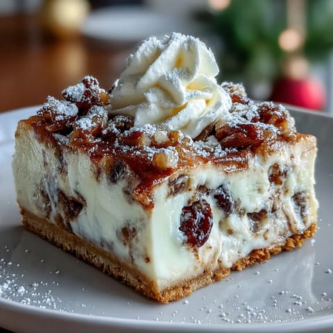 Sliced Christmas Cheesecake Slab portions show the dense, spiced interior studded with dried fruit, served on a rustic wooden board. 