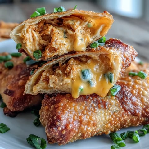 These crunchy egg rolls are filled with spicy chicken, melty cheddar, and zesty green onions.
