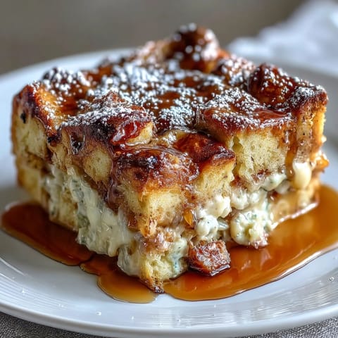 Sliced squares of Monte Cristo Breakfast Casserole show layers of ham, turkey, and Swiss cheese.
