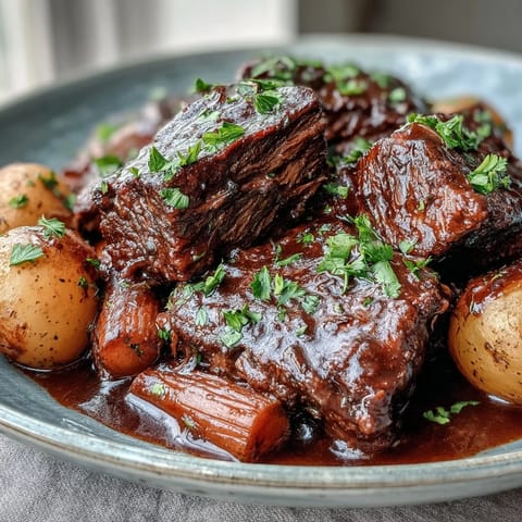 A savory slice of beef pot roast surrounded by soft vegetables in a rich, aromatic broth, plated for a hearty family dinner.