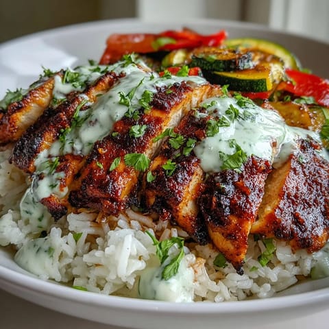 Fluffy rice and tender blackened chicken breast topped with charred vegetables and a drizzle of lime crema.