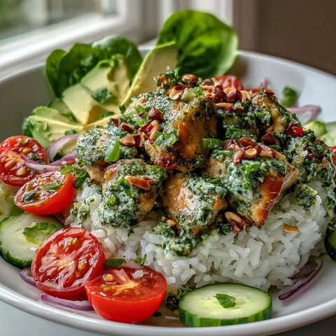 Fresh cherry tomatoes and avocado top a vibrant Pesto Chicken Bowl served over fluffy jasmine rice.