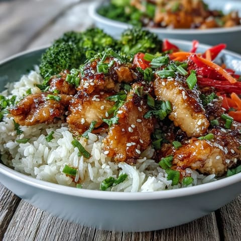 A close-up view of a Honey Garlic Chicken Bowl, featuring glistening glazed chicken, fluffy rice, and bright green broccoli florets.