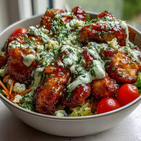Buffalo Chicken Bowl with tender chicken, crisp romaine, carrots, and tangy blue cheese crumbles, drizzled with ranch.