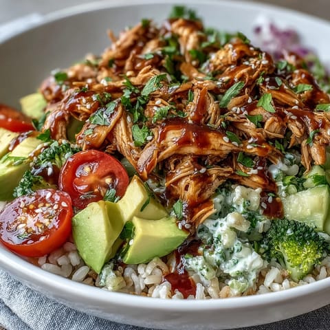 Creamy tzatziki sauce drizzled over a hearty Rotisserie Chicken Bowl featuring steamed broccoli and red onion garnished with sesame seeds.