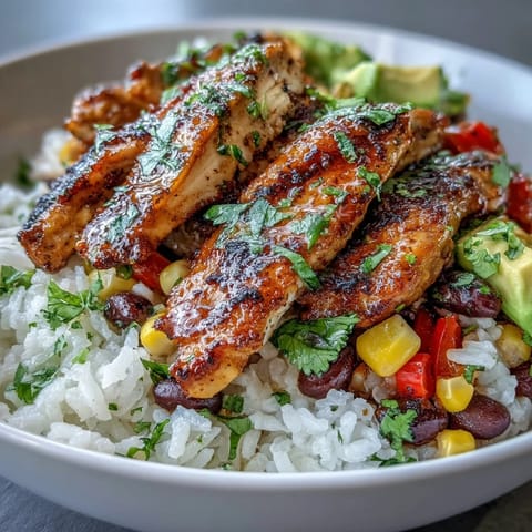 A vibrant Cajun Chicken Bowl with fluffy rice, black beans, and colorful peppers topped with sliced avocado and fresh cilantro.