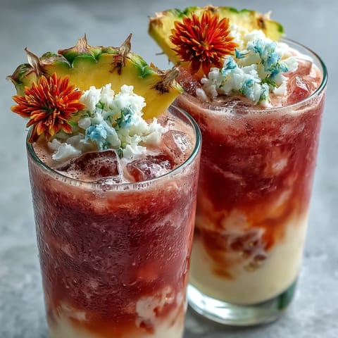 Vibrant Iced Guava Passionfruit Drink layered in a glass with pineapple garnish and edible flowers.