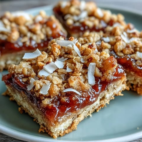 Golden-baked Guava Jam Bars with coconut oat crumble topping on a rustic wooden board.