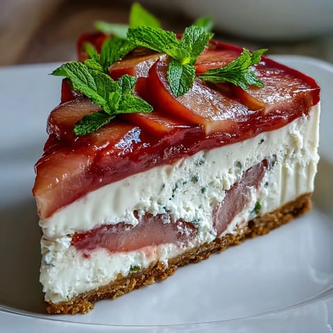 A rich Guava Cheesecake wedge reveals a marbled interior and crunchy crust, garnished with fresh mint and a cup of coffee.