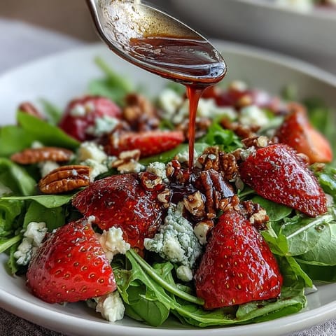 Spring Dinner Party Strawberry Arugula Salad with Balsamic Glaze: Sweet strawberries, peppery arugula, creamy goat cheese, and tangy balsamic drizzle create a stunning spring salad.