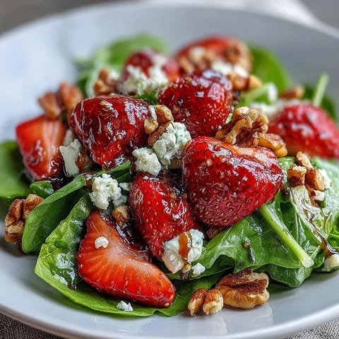 Spring Dinner Party Strawberry Arugula Salad with Balsamic Glaze: Vibrant salad with fresh strawberries, arugula, goat cheese, and balsamic glaze, perfect for entertaining.