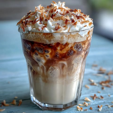 Iced Vanilla Bean Frappuccino with Toasted Coconut Foam, a creamy coffee drink blended with real vanilla bean and topped with a golden coconut foam.