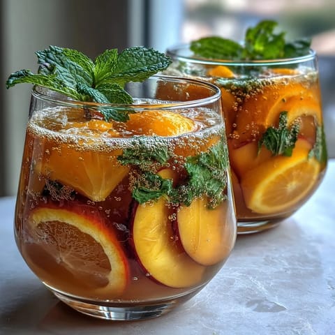 A vibrant pitcher of mango peach sangria filled with fresh fruit slices and mint, perfect for summer gatherings.