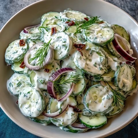 Creamy Cucumber Salad with Dill and Greek Yogurt, a refreshing summer side with crisp cucumbers and tangy dressing.