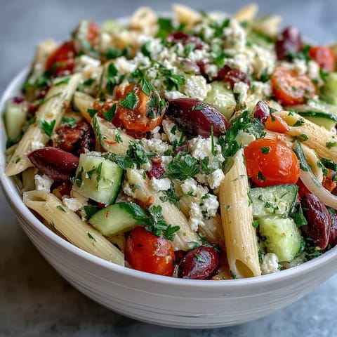 A colorful Greek pasta salad with feta, olives, and fresh vegetables, perfect for summer picnics.