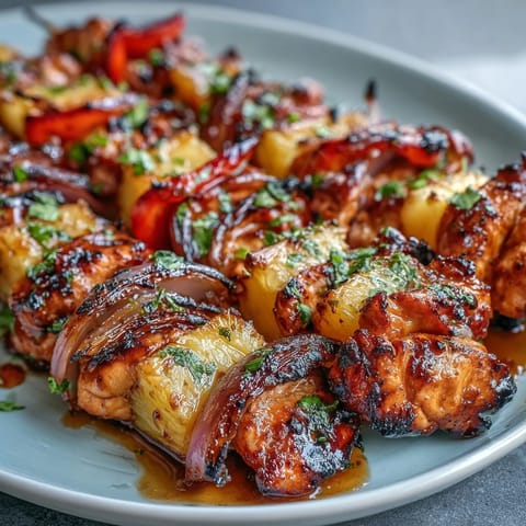 Grilled Pineapple Chicken Skewers with colorful bell peppers and red onions sizzling on a hot grill.  