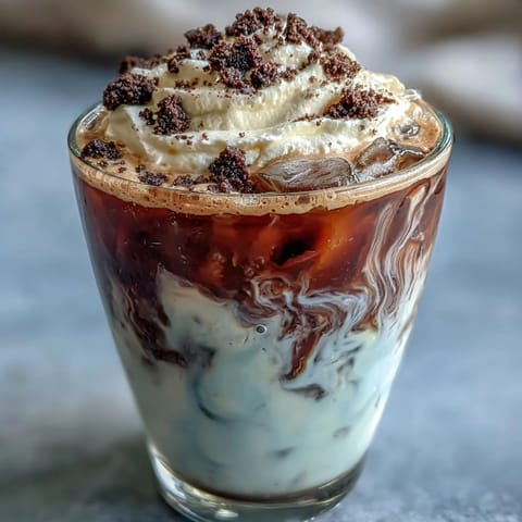 A tall glass of creamy cookies-and-cream cold brew coffee topped with whipped cream and crushed Oreos.