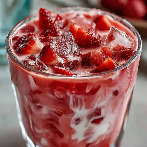 Vibrant Pink Starburst Refresher with fresh strawberries and coconut milk, a sweet-tart summer drink.