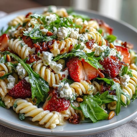 Vibrant spring pasta salad with strawberries, feta, and arugula, bursting with fresh flavors and colors.