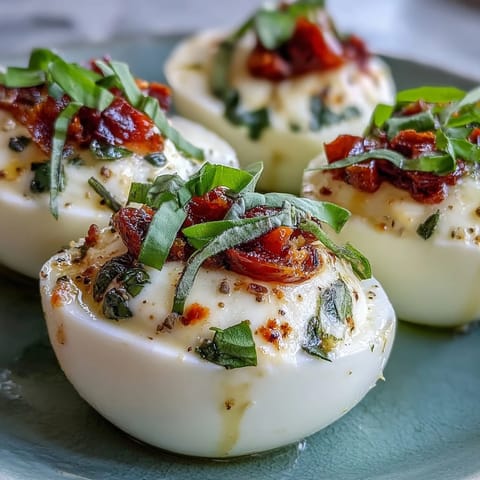 Plated Caprese deviled eggs, bursting with basil flavor and Italian antipasto charm.