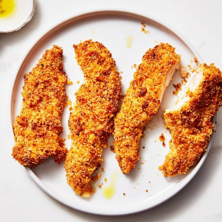 Close-up of crispy baked chicken tenders served with dipping sauces on the side.