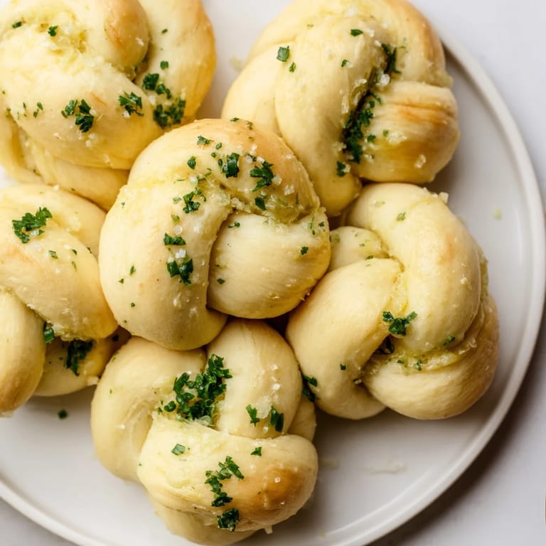 Close-up of fluffy homemade garlic knots, a delicious Italian-American appetizer, dipped in marinara sauce.