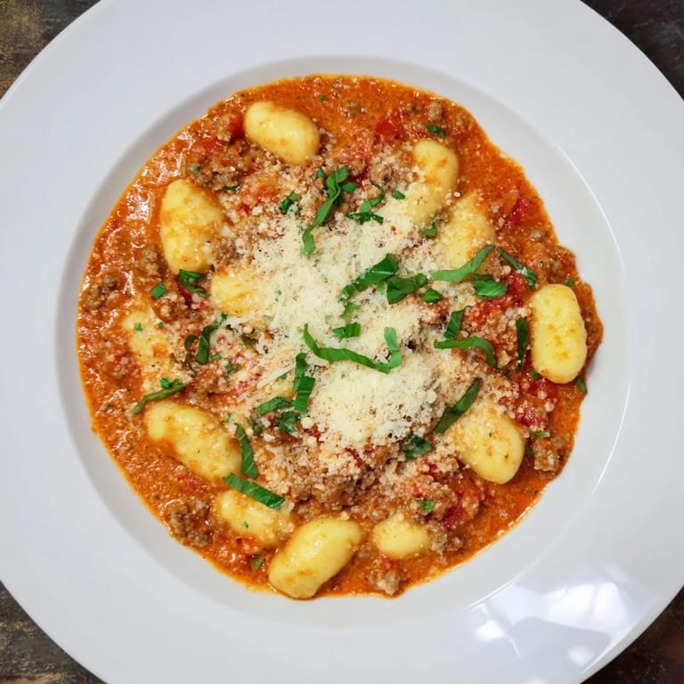 A vibrant shot of Creamy Tomato and Sausage Gnocchi, showcasing rich tomato sauce and savory sausage.