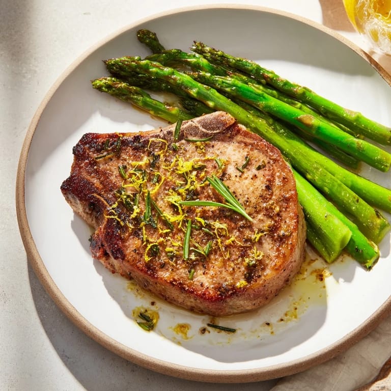 Enjoy a delicious meal: roasted One-Pan Lemon Herb Pork Chops with vibrant asparagus and fragrant herbs.