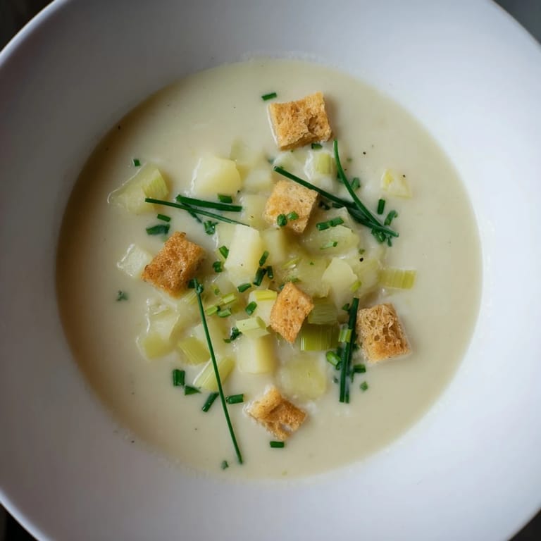 A steaming bowl of Quick & Simple Potato and Leek Soup, perfectly seasoned and ready to eat.