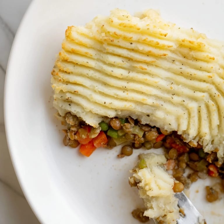 Warm, inviting image of Hearty Lentil Shepherds Pie, showcasing the tender lentils and vegetable filling.