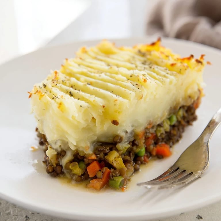 A bubbling baking dish filled with Hearty Lentil Shepherds Pie, a comforting vegetarian main course.