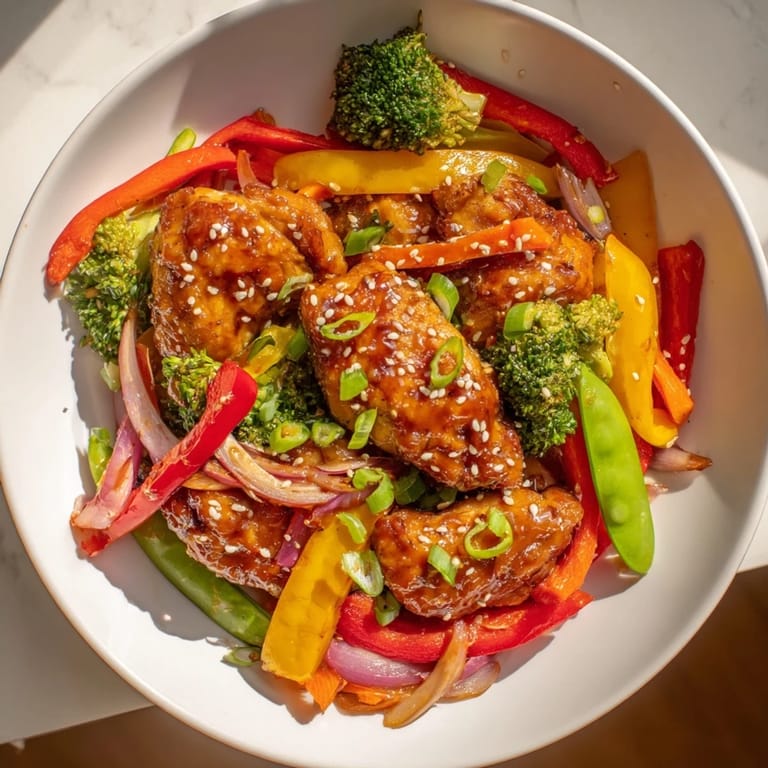 Golden brown Sheet Pan Chicken Stir-Fry, ready to serve with steamed rice and sprinkled sesame seeds.
