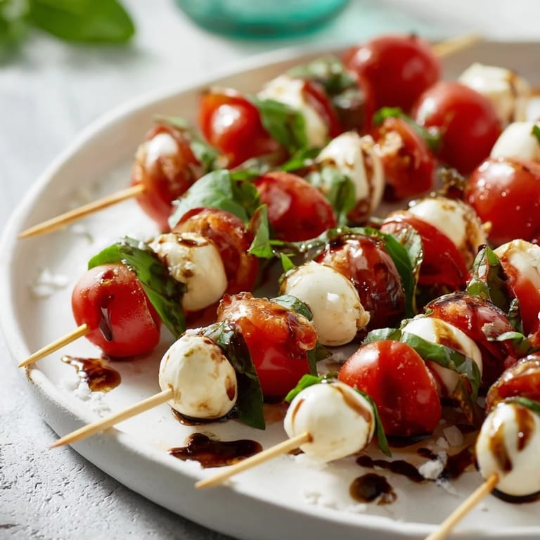 Vibrant plate of Fresh Caprese Salad Skewers served, featuring red tomatoes, green basil and white mozzarella balls.
