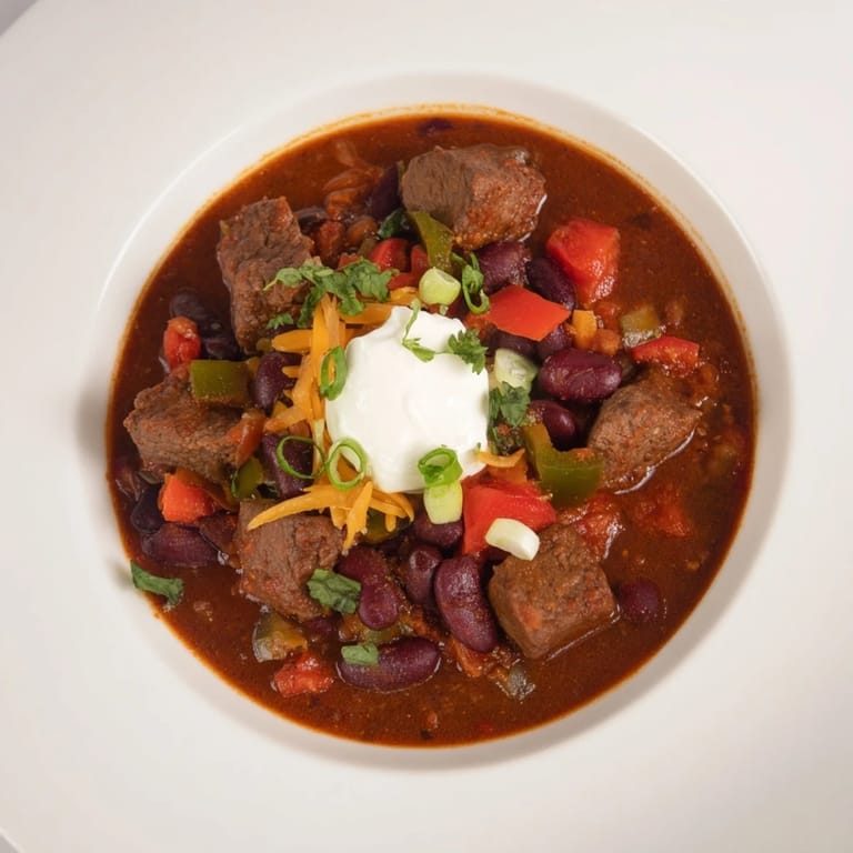 A close-up of a warm bowl of Winter Warming Chili con Carne, ready to be topped with fresh cilantro.