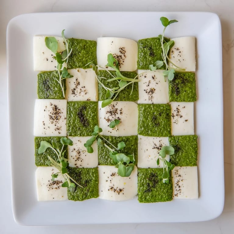 Freshly arranged Checkerboard Garden appetizer, showcasing creamy white cheeses and bright green herbed layers, chilled to perfection.